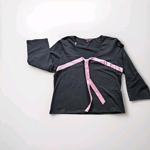 Simon Chang Top XL Womens Black Pink Ribbon 3/4 Sleeve V Neck Y2K Office Boho - Picture 1 of 11